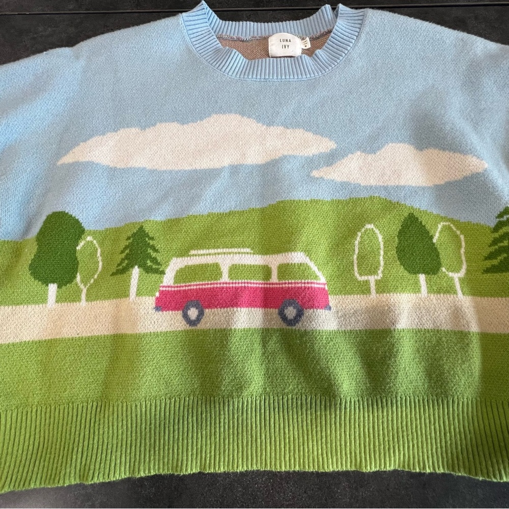 Luna Sky Light Blue Scenic Van Cottagecore Crewneck Sweater - Picture 2 of 5